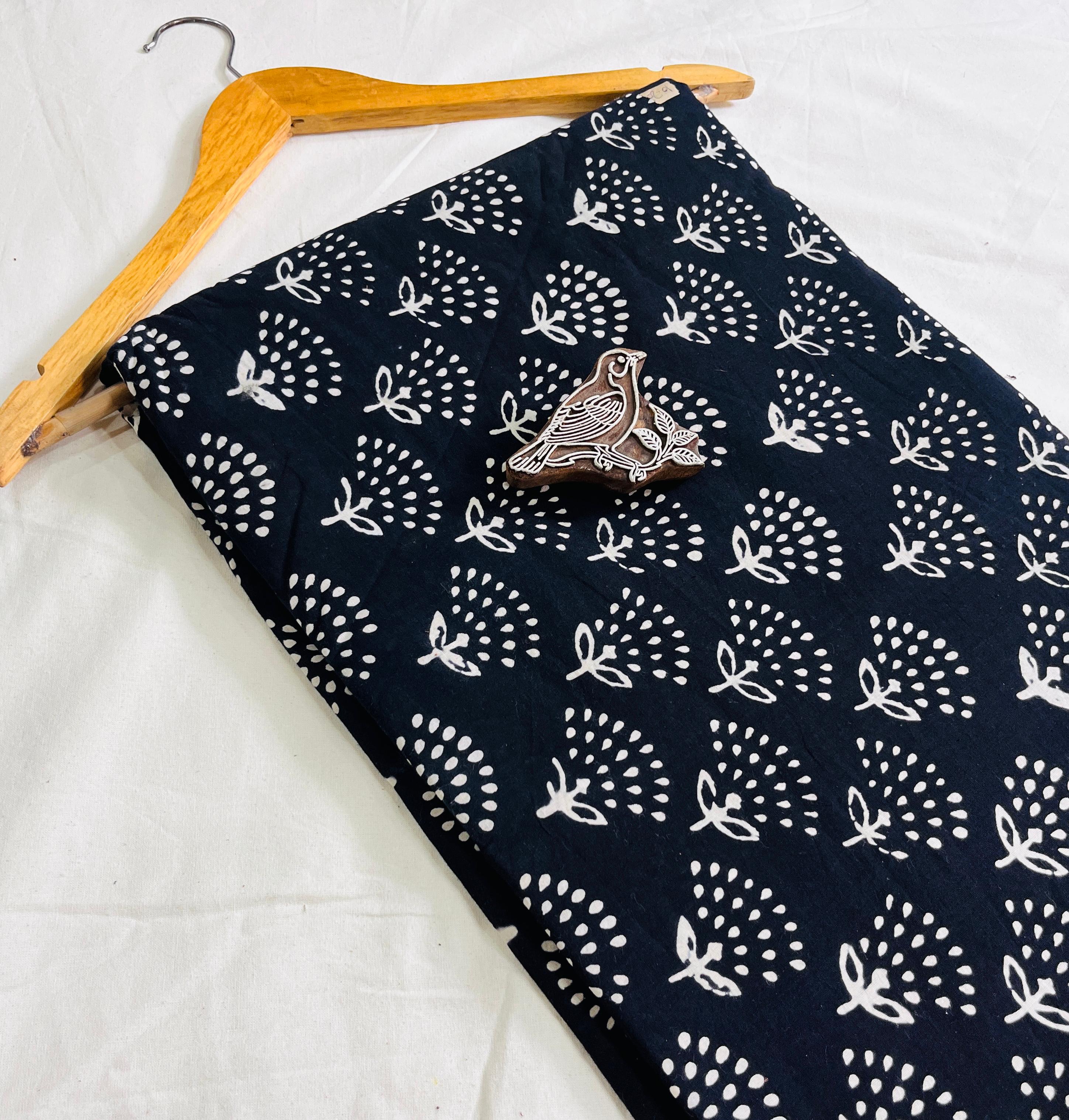 Blue floral Dabu handblock printed pure cotton fabric, natural dyed cotton textile for wholesale buyers